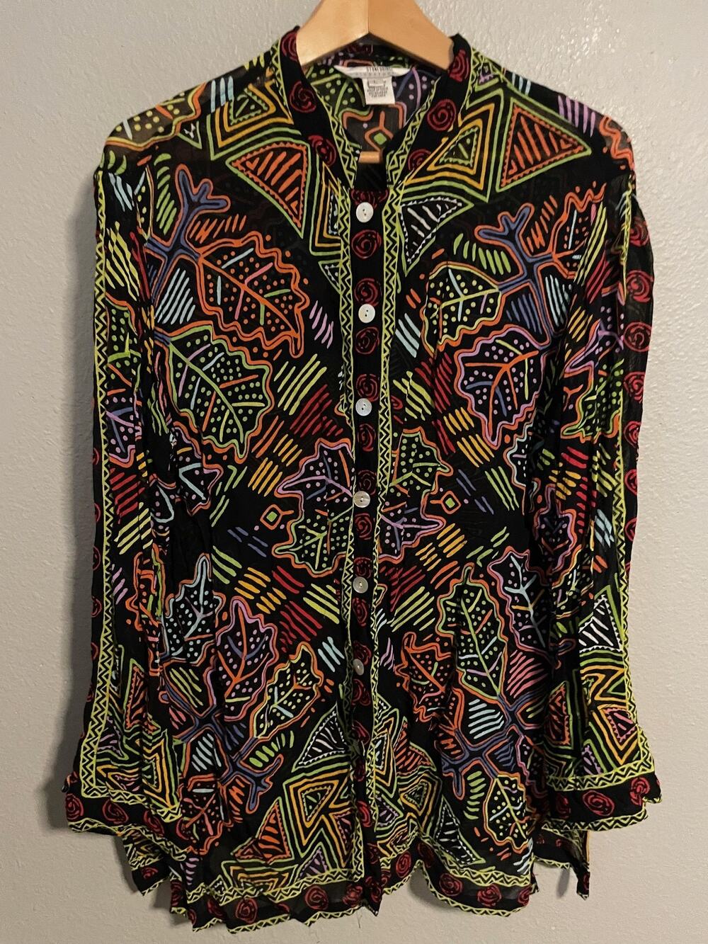 VTG Stonebridge Signature Button Up Womens Large Black Multicolor Leaf Artsy 90s